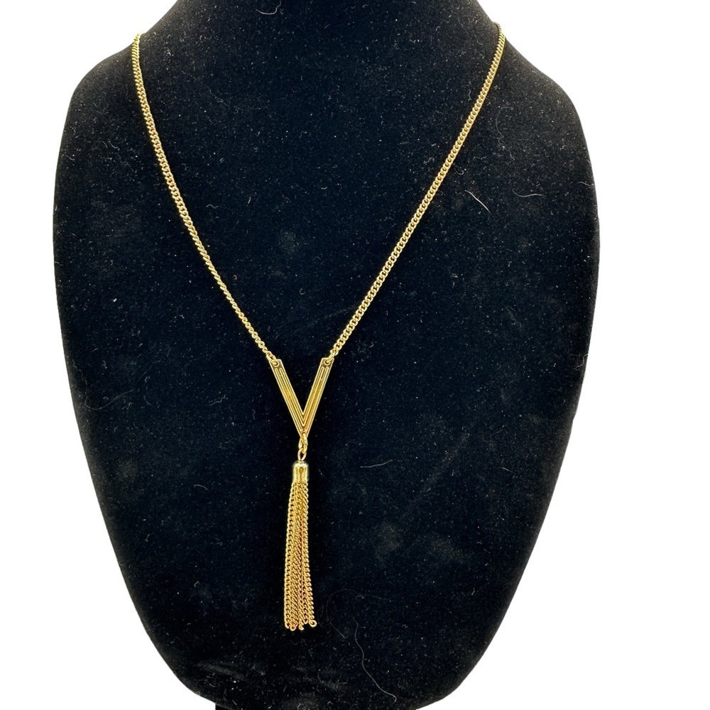 V letter with tassel 28 inch gold tone necklace